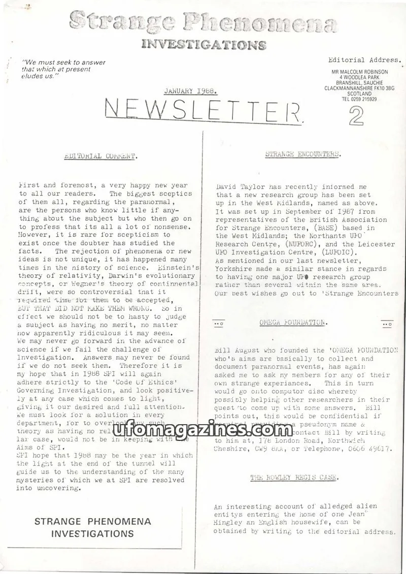 Cover of SPI Newsletter issue 2: Strange Phenomena INVESTIGATIONS
