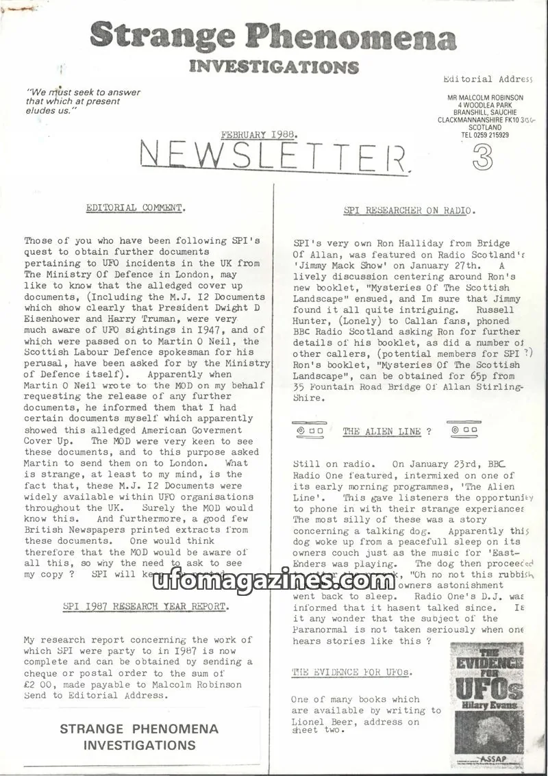Cover of SPI Newsletter issue FEBRUARY 1988: Strange Phenomena INVESTIGATIONS