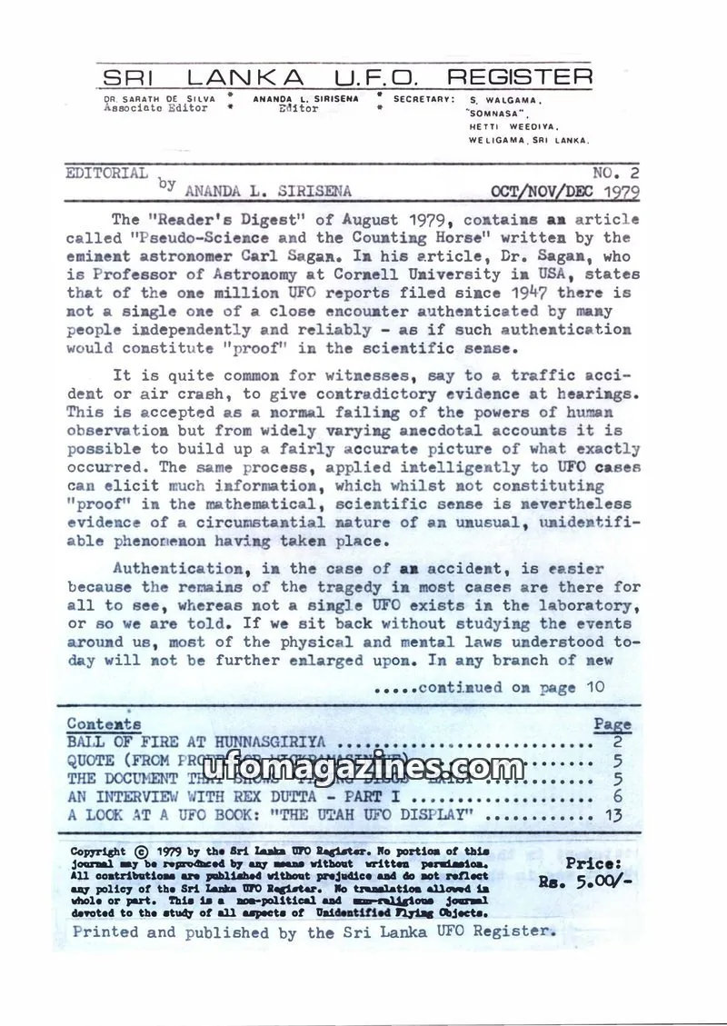 Cover of Sri Lanka UFO Register issue NO. 2: SRI LANKA U.F.O. REGISTER