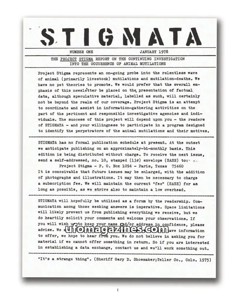 Cover of Stigmata (Animal mutilations) issue NUMBER ONE: STIGMATA