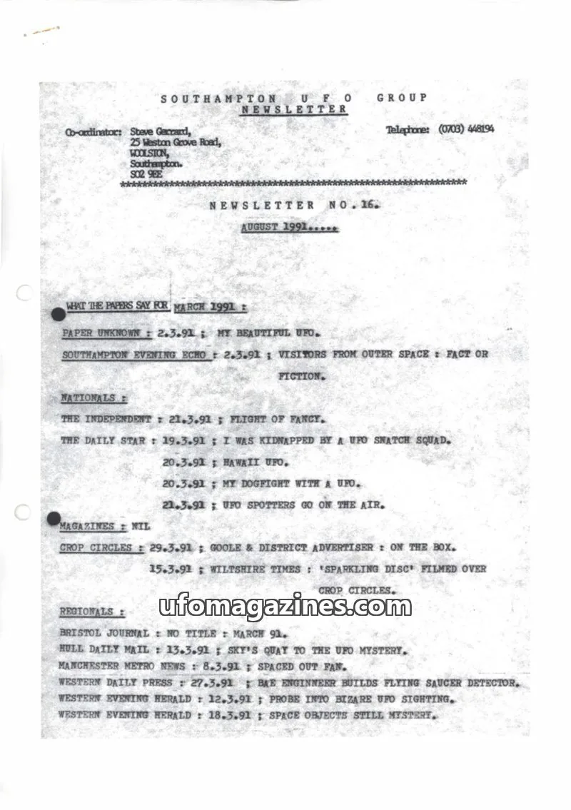 Cover of Southampton UFO Group issue NO. 16: SOUTHAMPTON UFO GROUP NEWSLETTER