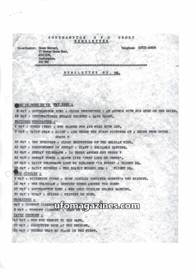 Cover of Southampton UFO Group issue 18: SOUTHAMPTON UFO GROUP NEWSLETTER