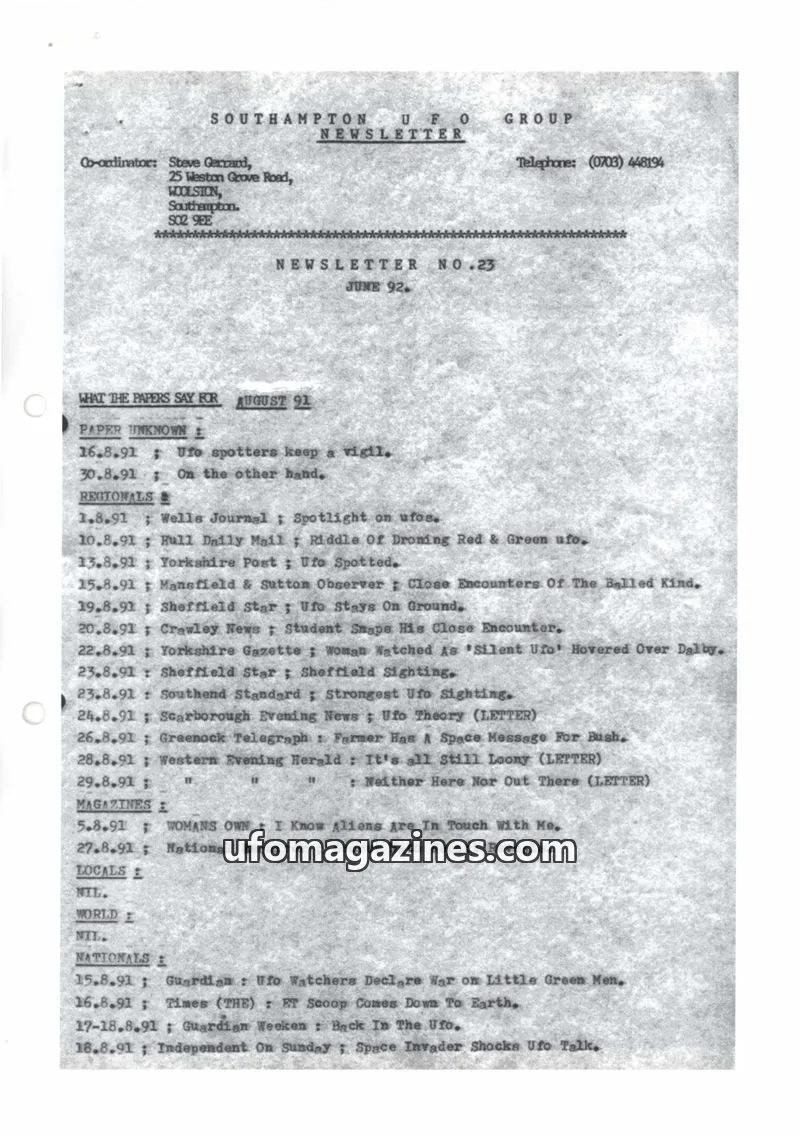 Cover of SOUTHAMPTON UFO GROUP issue 23: SOUTHAMPTON UFO GROUP NEWSLETTER