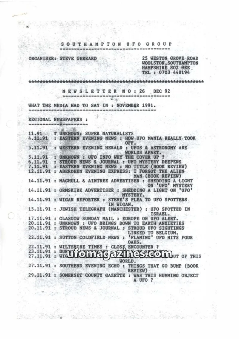 Cover of Southampton UFO Group issue 26: SOUTHAMPTON UFO GROUP NEWSLETTER