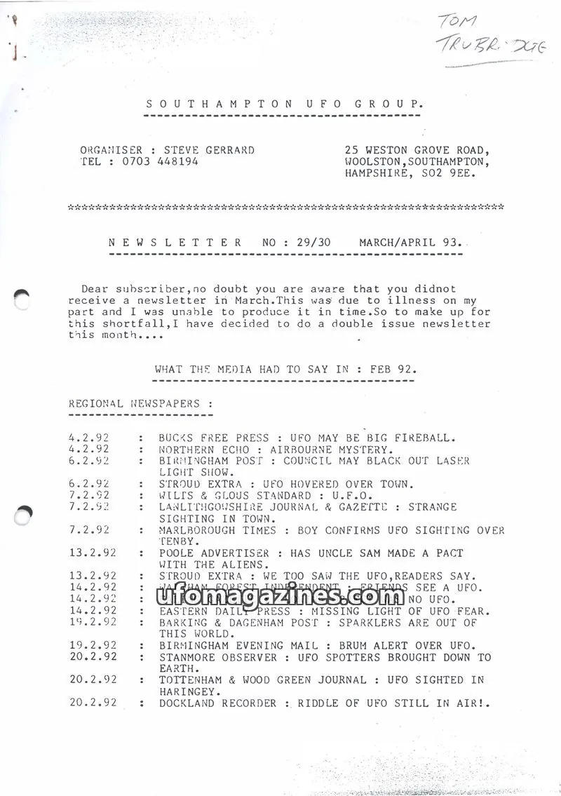 Cover of Southampton UFO Group issue 29/30: SOUTHAMPTON UFO GROUP. NEWSLETTER