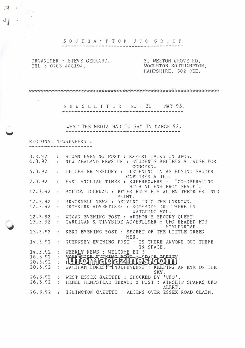 Cover of SOUTHAMPTON UFO GROUP issue 31: SOUTHAMPTON UFO GROUP.