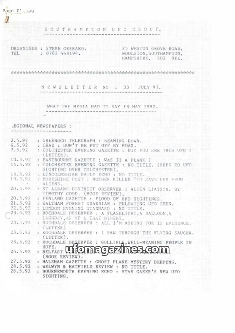 Cover of Southampton UFO Group issue 33: SOUTHAMPTON UFO GROUP.
