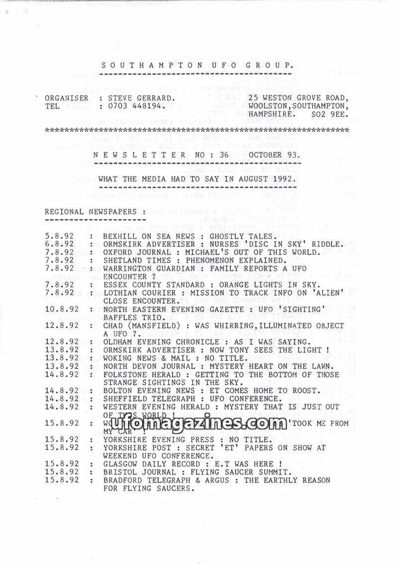 Cover of Southampton UFO Group issue 36: SOUTHAMPTON UFO GROUP.
