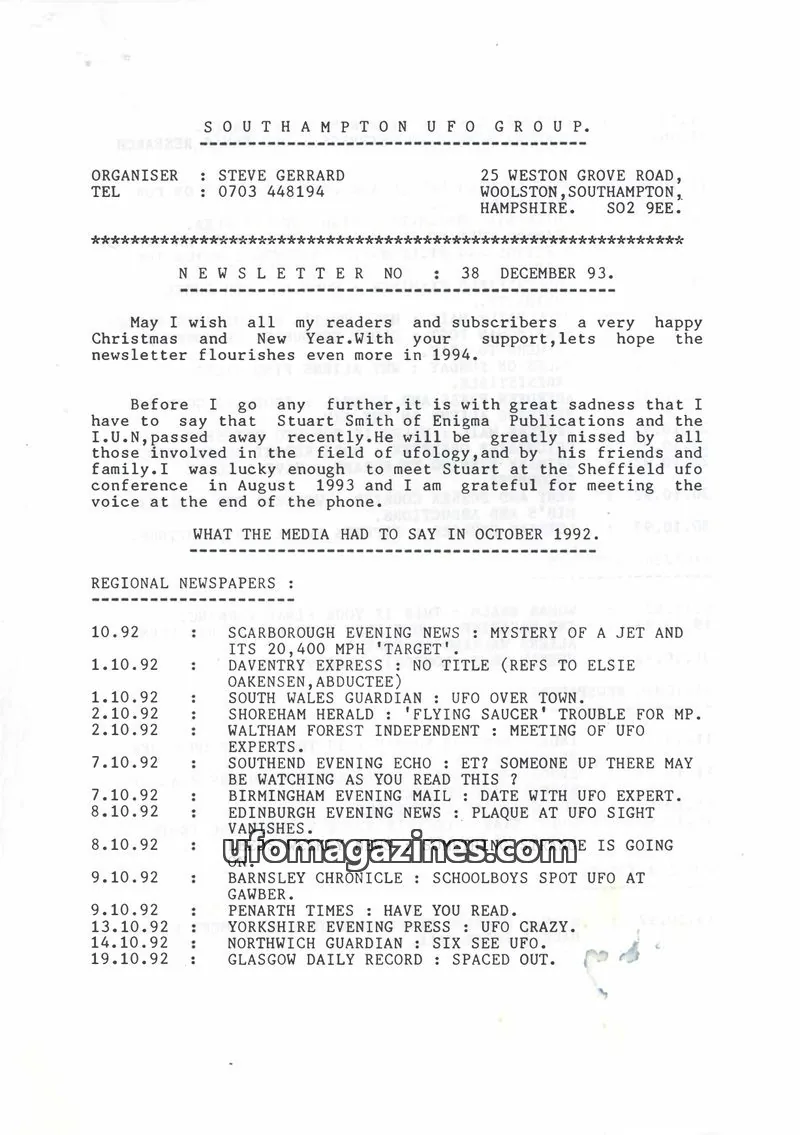 Cover of SOUTHAMPTON UFO GROUP issue 38: SOUTHAMPTON UFO GROUP.
