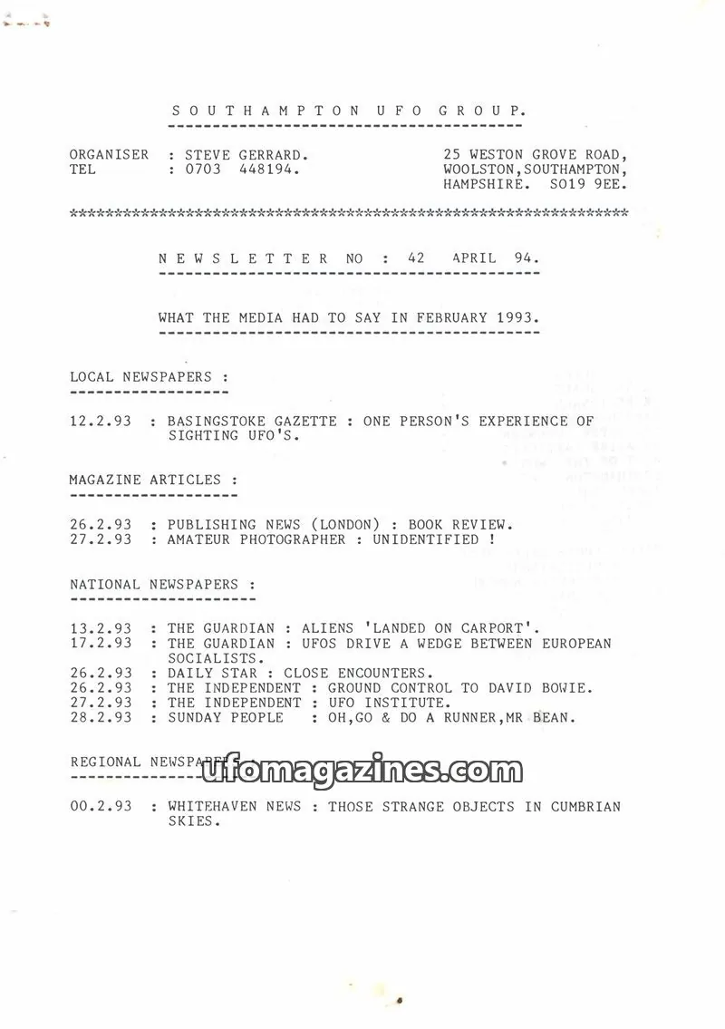 Cover of SOUTHAMPTON UFO GROUP issue 42: SOUTHAMPTON UFO GROUP