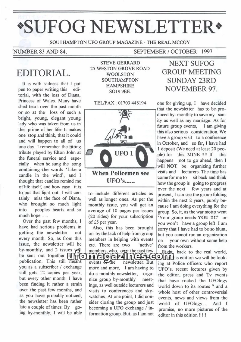 Cover of SOUTHAMPTON UFO GROUP issue 83 and 84: SUFOG NEWSLETTER