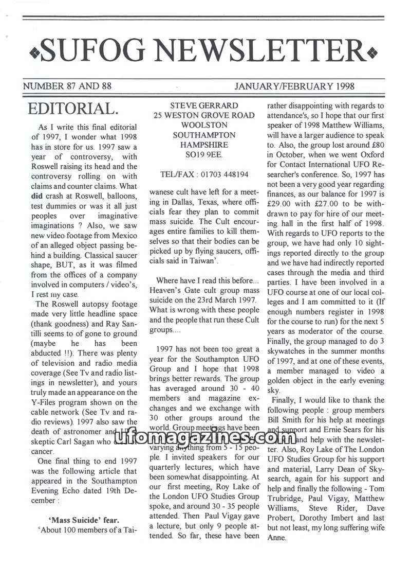 Cover of SUFOG issue 87 AND 88: SUFOG NEWSLETTER