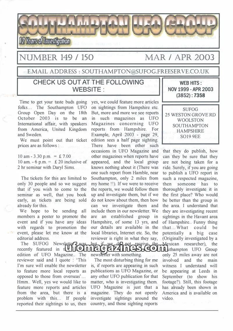 Cover of SUFOG issue 149 / 150: SOUTHAMPTON UFO GROUP
