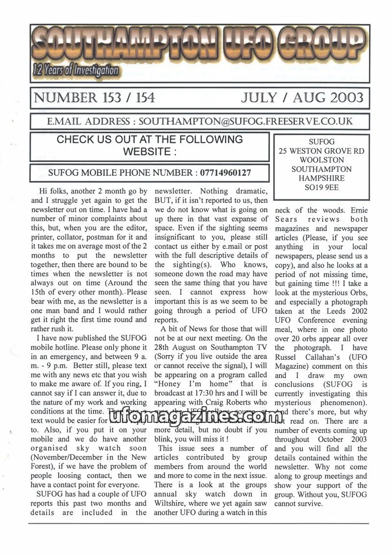 Cover of SUFOG issue 153 / 154: SOUTHAMPTON UFO GROUP