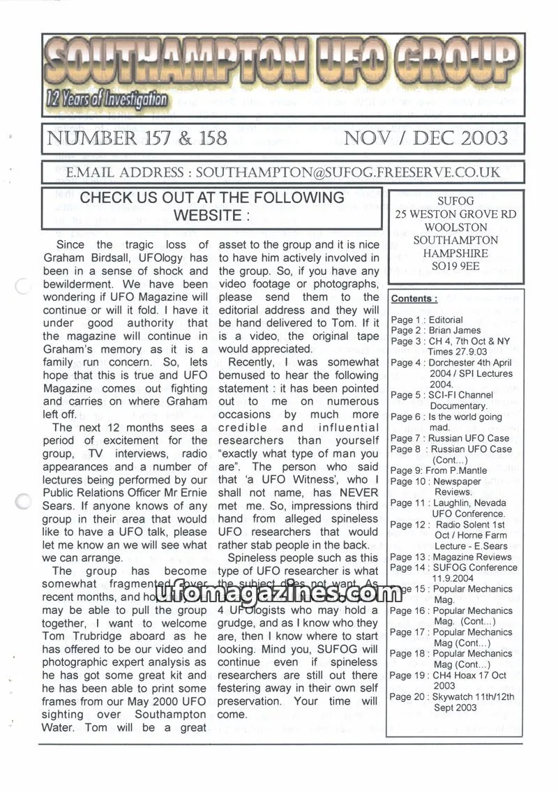 Cover of Southampton UFO Group issue 157 & 158: SOUTHAMPTON UFO GROUP