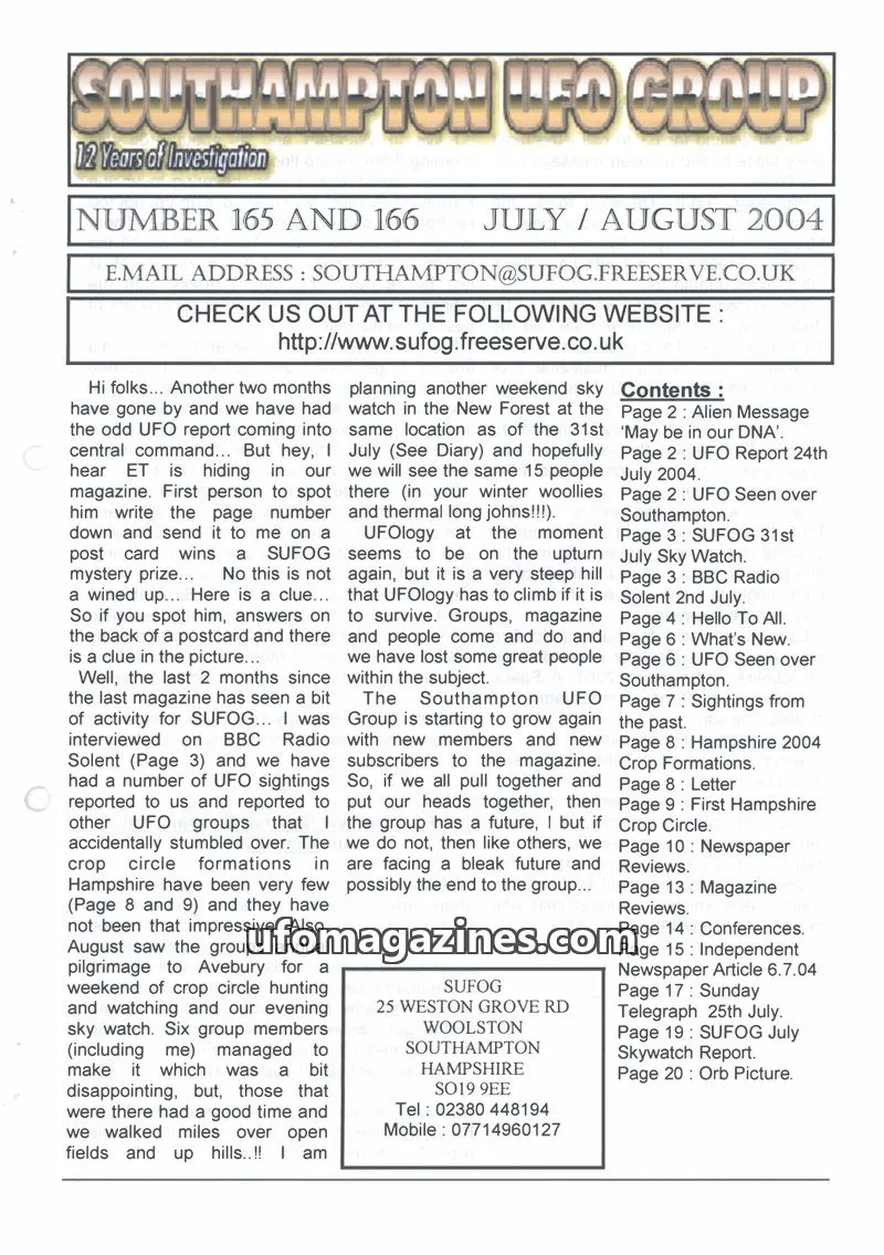 Cover of Southampton UFO Group issue 165 AND 166: SOUTHAMPTON UFO GROUP