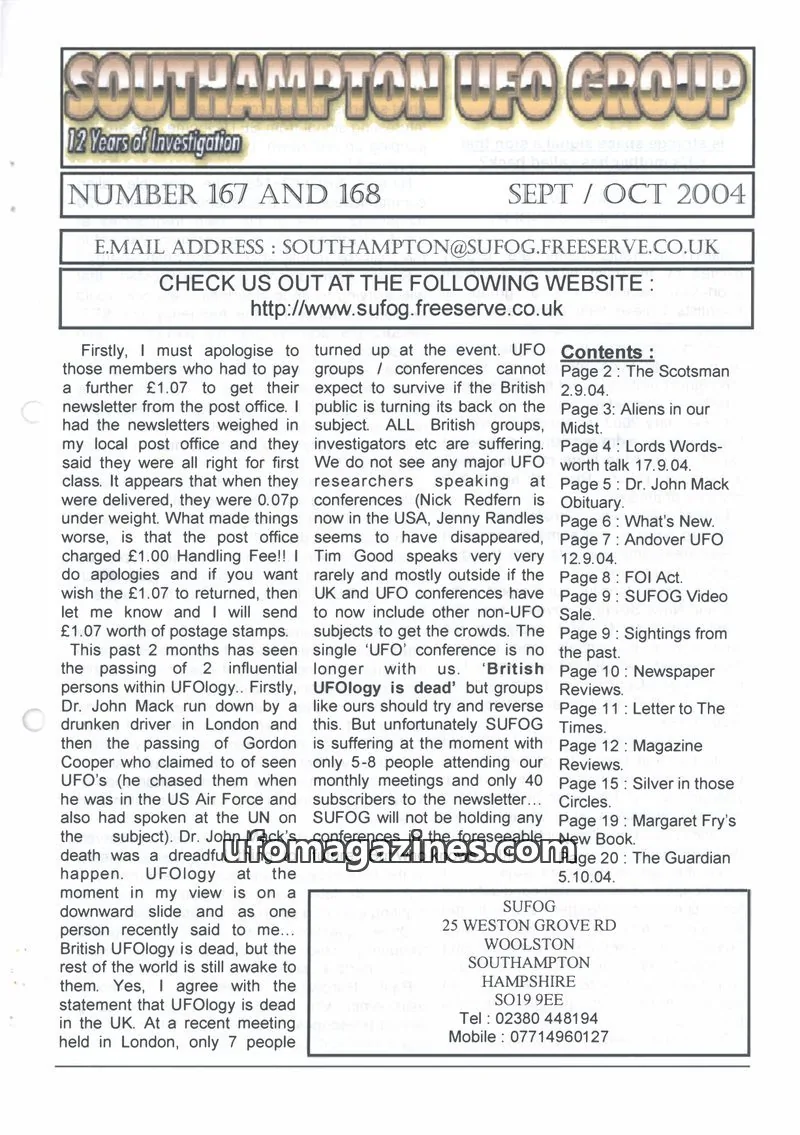 Cover of Southampton UFO Group issue 167 AND 168: SOUTHAMPTON UFO GROUP