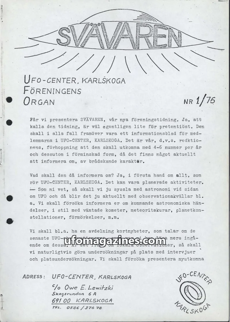 Cover of Svavaren (Karlskoga UFO Center) issue 1/76: SVÄVAREN