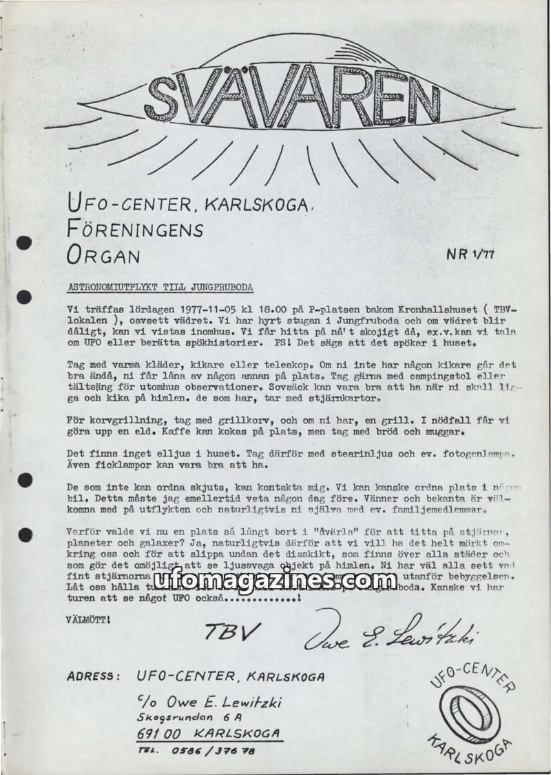 Cover of Svavaren (Karlskoga UFO Center) issue 1/77: SVAVAREN