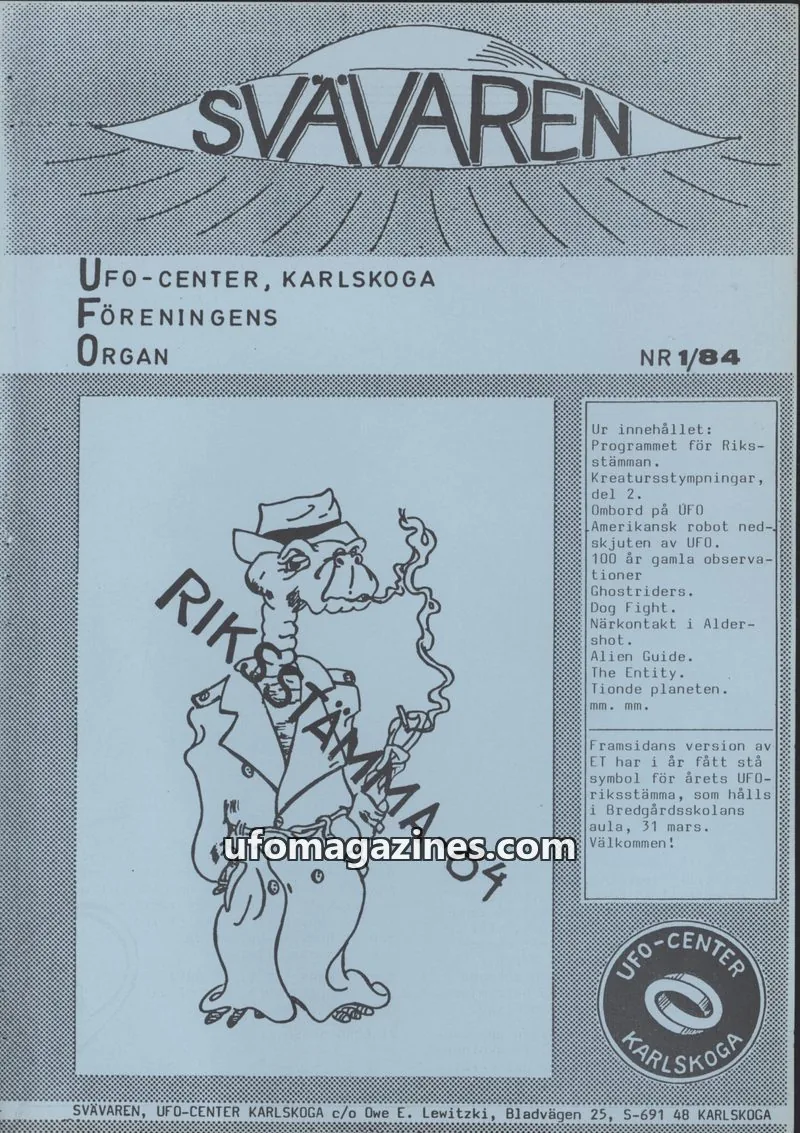 Cover of Svavaren (Karlskoga UFO Center) issue 1/84: SVAÄREN
