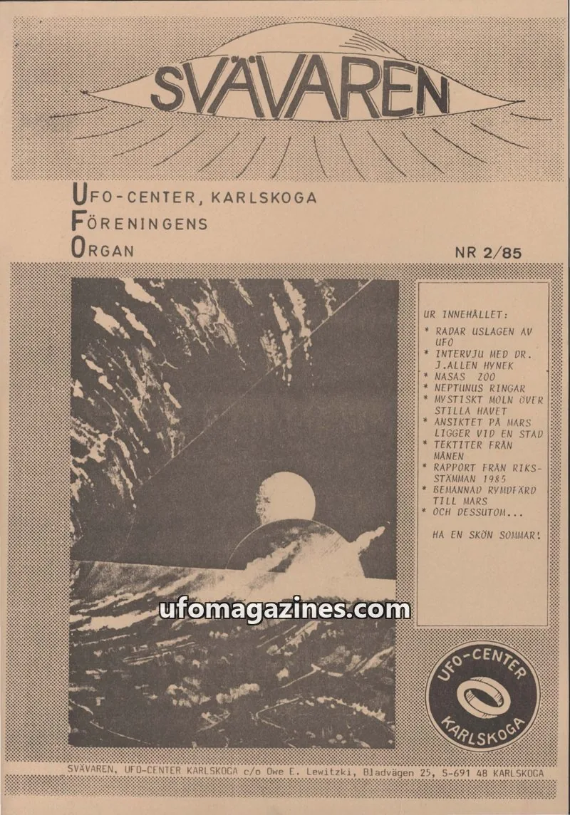 Cover of Svavaren (Karlskoga UFO Center) issue 2/85: SVAVAREN