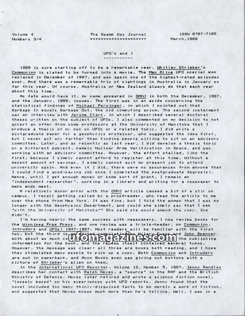 Cover of Swamp Gas Journal issue 3/4: The Swamp Gas Journal