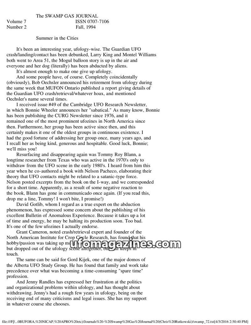 Cover of Swamp Gas Journal issue 2: The SWAMP GAS JOURNAL