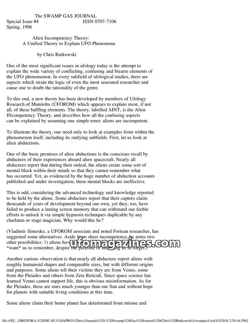 Cover of Swamp Gas Journal issue Special Issue #4: The SWAMP GAS JOURNAL