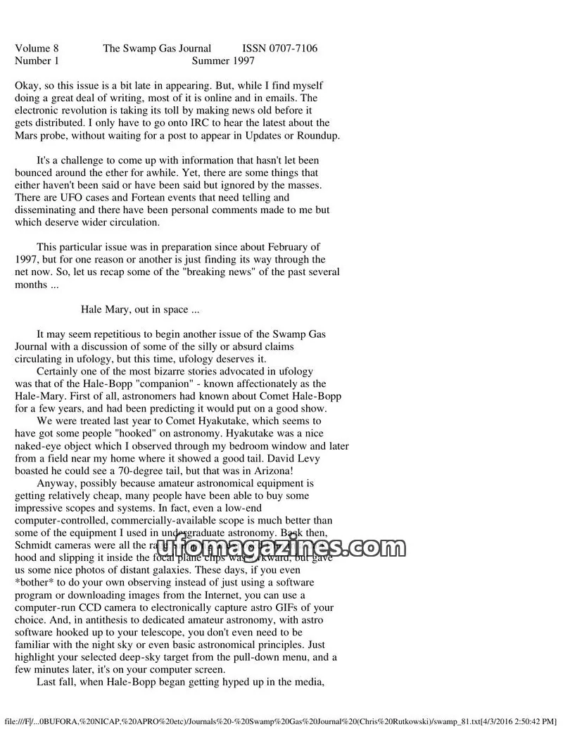 Cover of Swamp Gas Journal issue 1: The Swamp Gas Journal