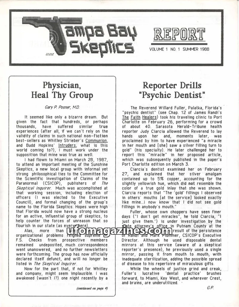 Cover of Tampa Bay Skeptics Report issue 1: Tampa Bay Skeptics Report