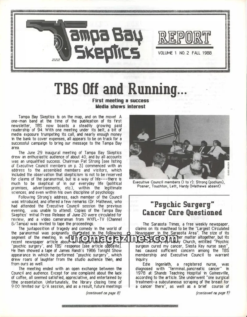Cover of Tampa Bay Skeptics Report issue VOL. 1 NO. 2: Tampa Bay Skeptics Report