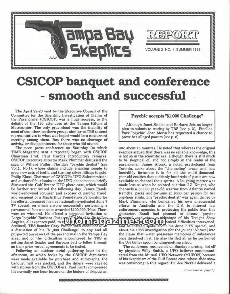 Cover of Tampa Bay Skeptics Report issue Vol. 2 No. 1: Tampa Bay Skeptics Report