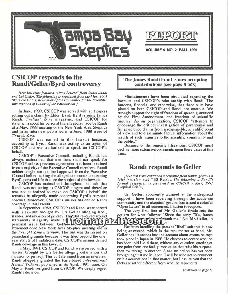 Cover of Tampa Bay Skeptics Report issue VOL. 4 NO. 2 FALL 1991: Tampa Bay Skeptics Report