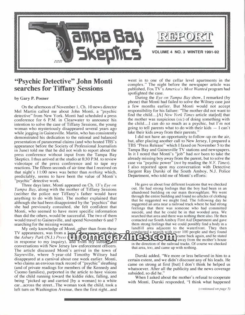 Cover of Tampa Bay Skeptics Report issue VOL. 4 NO. 3: Tampa Bay Skeptics Report