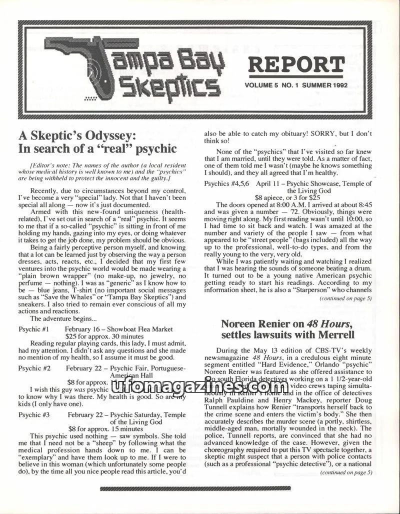 Cover of Tampa Bay Skeptics Report issue VOL. 5 NO. 1: Tampa Bay Skeptics Report