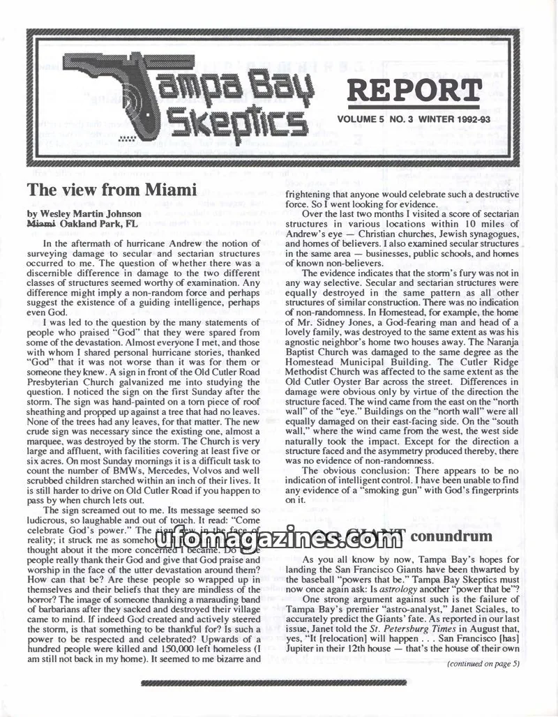 Cover of Tampa Bay Skeptics Report issue VOL. 5 NO. 3: Tampa Bay Skeptics Report