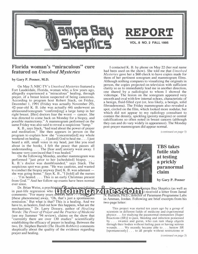 Cover of Tampa Bay Skeptics Report issue VOL. 8 NO. 2: Tampa Bay Skeptics Report