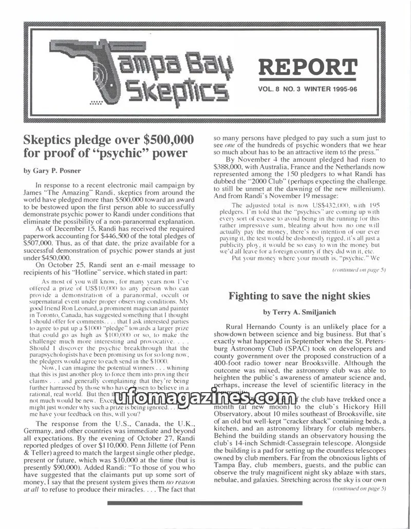 Cover of Tampa Bay Skeptics Report issue Vol. 8 No. 3: Tampa Bay Skeptics Report