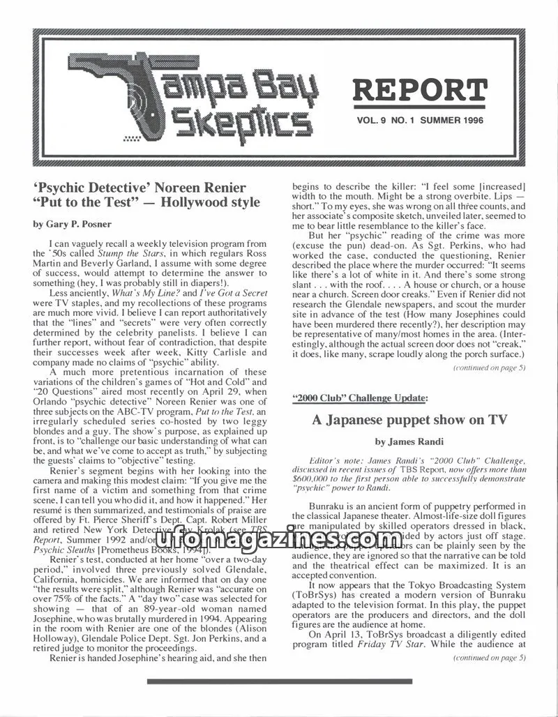 Cover of Tampa Bay Skeptics Report issue VOL. 9 NO. 1: Tampa Bay Skeptics Report