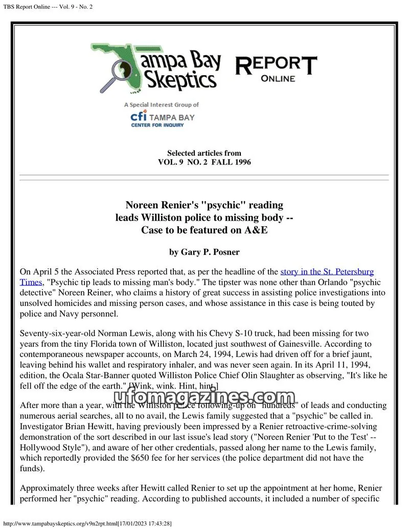 Cover of Tampa Bay Skeptics Report issue No. 2: TBS Report Online