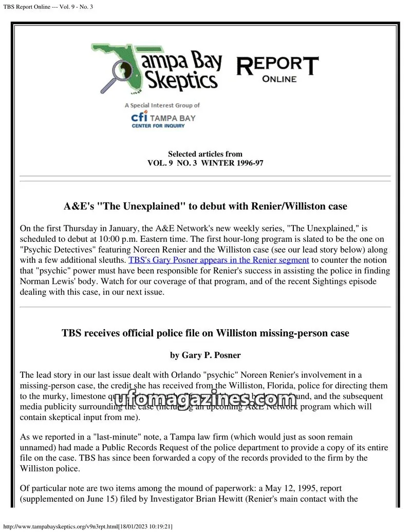 Cover of Tampa Bay Skeptics Report issue Vol. 9 - No. 3: TBS Report Online