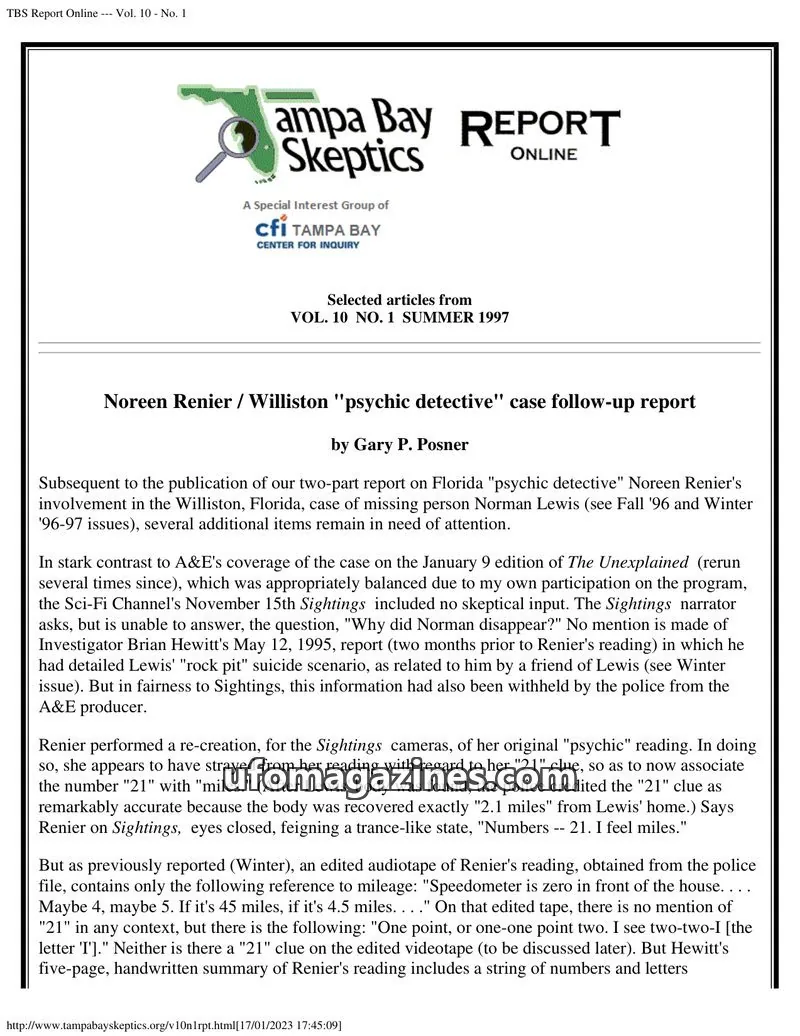 Cover of Tampa Bay Skeptics Report issue No. 1: TBS Report Online