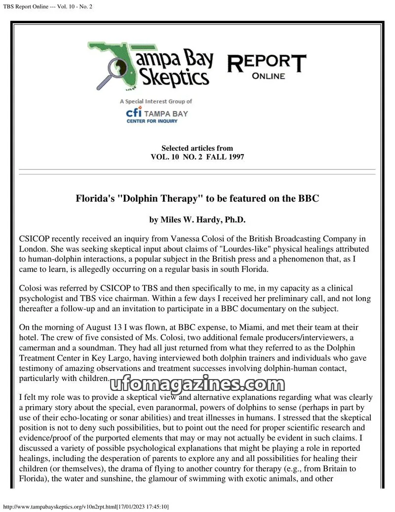 Cover of Tampa Bay Skeptics Report issue No. 2: TBS Report Online