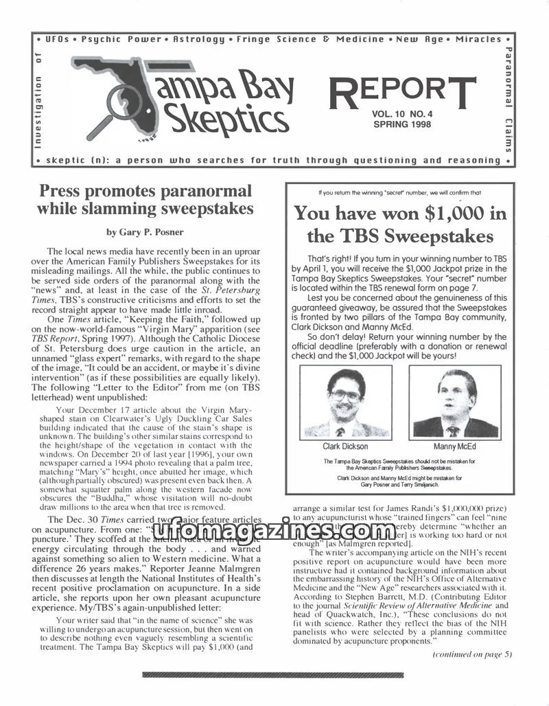 Cover of Tampa Bay Skeptics Report issue VOL. 10 NO. 4: Tampa Bay Skeptics REPORT