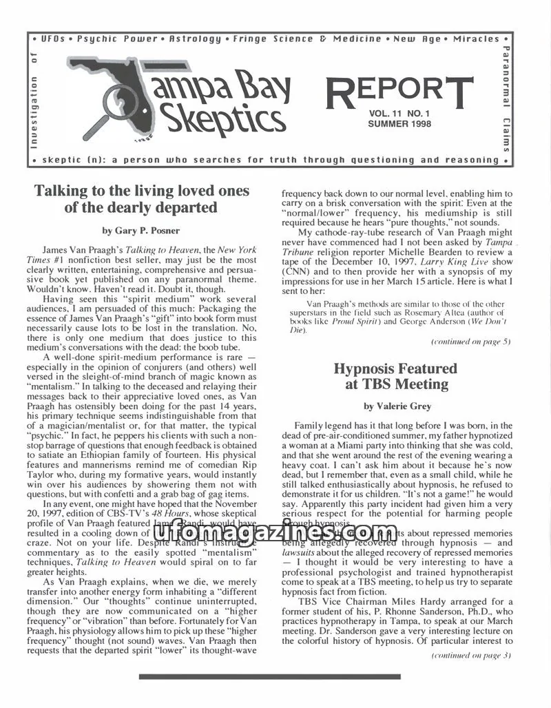 Cover of Tampa Bay Skeptics Report issue VOL. 11 NO. 1: Tampa Bay Skeptics Report