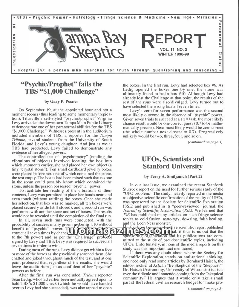 Cover of Tampa Bay Skeptics Report issue VOL. 11 NO. 3: Tampa Bay Skeptics Report