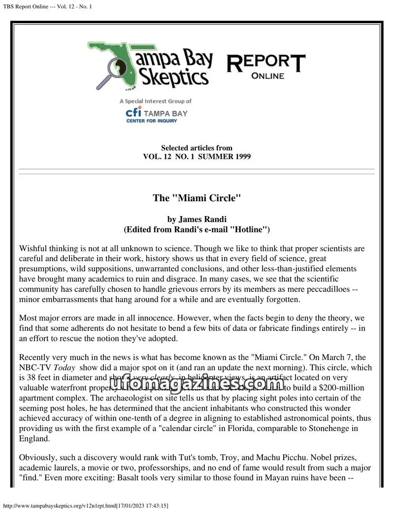 Cover of Tampa Bay Skeptics Report issue Vol. 12 - No. 1: TBS Report Online
