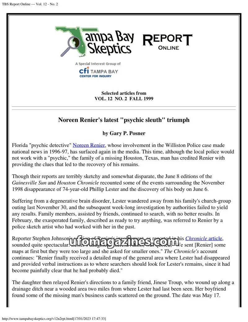 Cover of Tampa Bay Skeptics Report issue Vol. 12 - No. 2: TBS Report Online