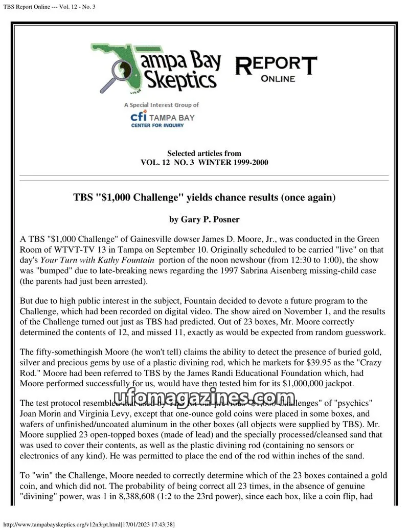 Cover of Tampa Bay Skeptics Report issue Vol. 12 - No. 3: TBS Report Online