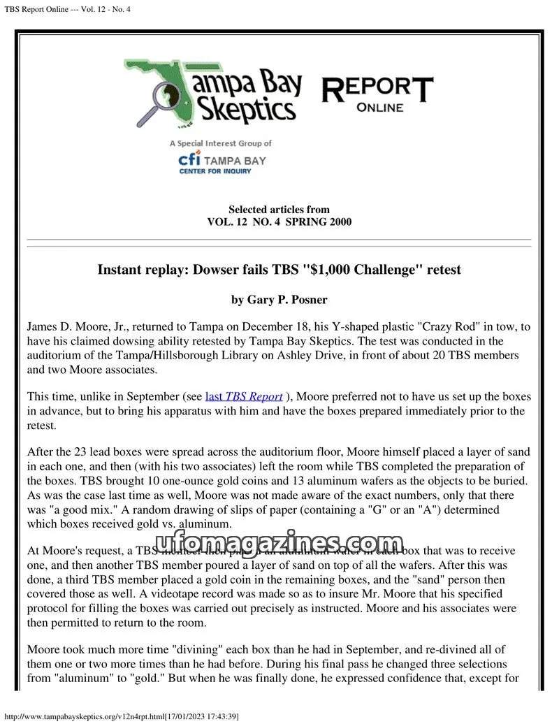 Cover of Tampa Bay Skeptics Report issue No. 4: Tampa Bay Skeptics REPORT ONLINE